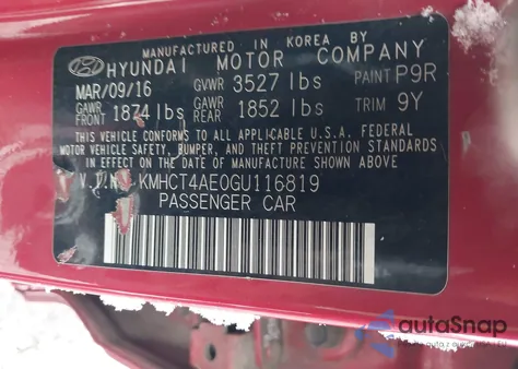 2016 Hyundai Accent Se from USA, damaged, VIN KMHCT4AE0GU116819